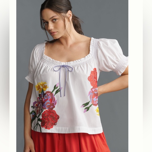 Nwt puffed sleeve tie front embroidered blouse anthro - Picture 6 of 10